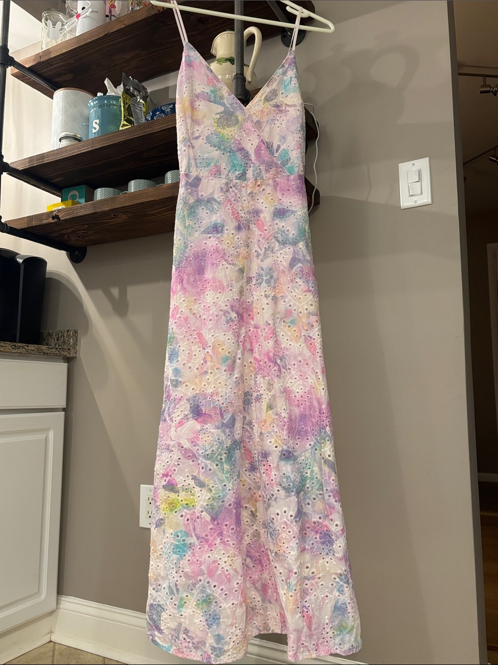 Adyson Parker Watercolor Floral Eyelet Maxi Dress Size Small Pastel Cottagecore